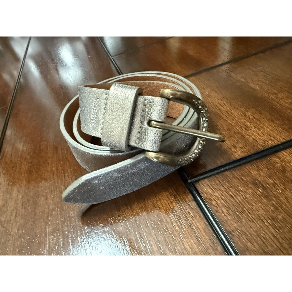 🔥Fossil Rhinestone Buckle Belt Silver Metallic Sz Small -With Measurements NEW